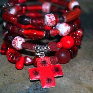 Vintage Red Variety Beaded Memory Wire Cuff Bracelet